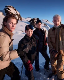 Group of four people in winter gear posing on a snowy mountain slope under a clear blue sky for Moncler.