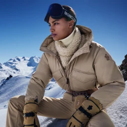 Model wearing tan ski suit, goggles, and fleece collar seated against snowy mountain peaks under clear blue sky.