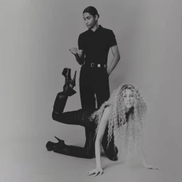 Stella Maxwell poses on all fours in platform boots next to Kevin Nyavedji standing against a grey studio backdrop.