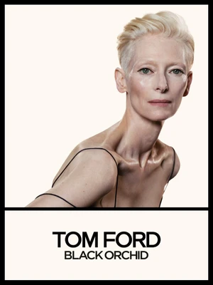 Tilda Swinton in a beauty portrait against a light background for Tom Ford Black Orchid Reserve