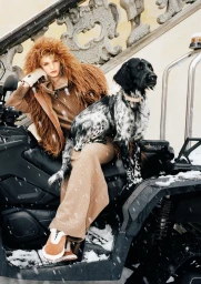 Model wearing a brown fur-trimmed jacket and tan trousers seated on a black all-terrain vehicle with a spotted black and white dog in snow.