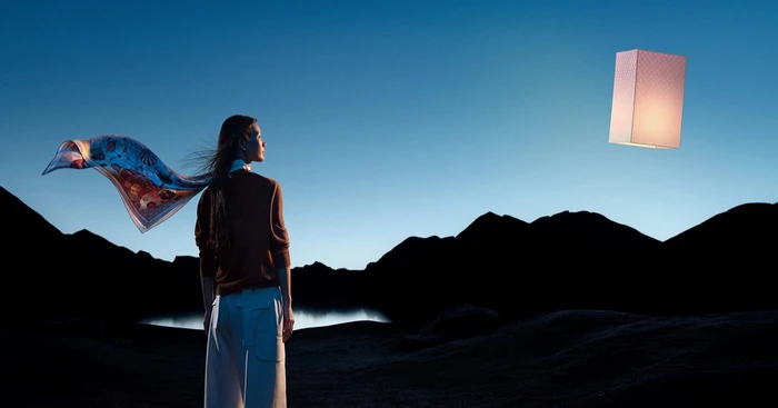 A woman standing outdoors at dusk wearing a brown sweater and white trousers with a patterned scarf blowing in the wind.