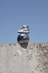 Silver metallic boot balanced on top of a reflective chrome motorcycle helmet resting on a concrete wall against a clear blue sky