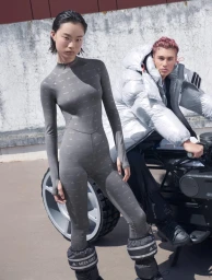 Model in grey patterned jumpsuit and puffy boots standing next to person in silver puffer jacket
