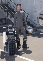 Model standing next to a futuristic motorcycle holding a helmet, wearing a grey jumpsuit and chunky boots outdoors.