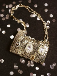 An ornate metallic gold chain-link handbag embellished with crystal gems rests against a dark textured surface scattered with silver sequins.