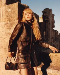 Model with long blonde hair wearing a black leather jacket and skirt, holding a handbag against stone ruins.
