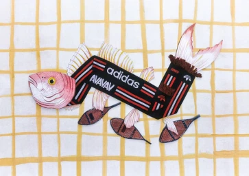 Papercraft fish sculpture featuring Adidas and Avavav branding against a yellow grid backdrop