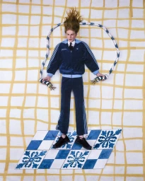 Model lying flat on a patterned backdrop wearing a blue velour tracksuit and black shoes, holding a rope