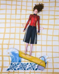 Model lying flat on a grid-patterned backdrop with painted cut-out props of waves and a diving board for Adidas.