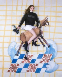 Model seated on a wooden pommel horse prop against a painted tiled floor with wave cutouts for the Fashion Fantasy project by Adidas.