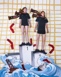 Two models wearing black sportswear and striped scarves standing on podiums with papercut waves and fish illustrations for Adidas.