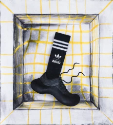Black Adidas sneaker with tall black sock inside a hand-drawn perspective grid box