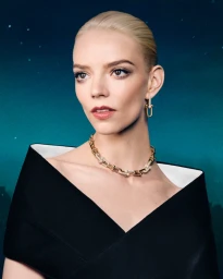 Anya Taylor-Joy wearing a gold necklace and earrings in a black dress against a gradient blue background for Tiffany and Co.