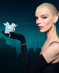 Anya Taylor-Joy wearing long black gloves and holding a small turquoise gift box with a white ribbon against a dark cityscape background.