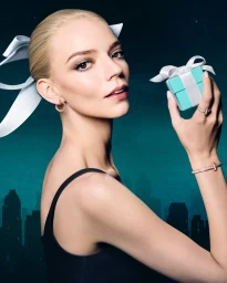 Anya Taylor-Joy holding a small Tiffany gift box against a dark cityscape backdrop for a campaign photographed by Carlijn Jacobs.