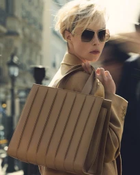 Edie Campbell in Max Mara camel coat and sunglasses holding structured tote bag