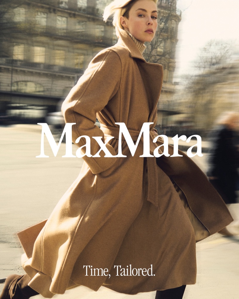 Model Edie Campbell in a camel coat for Max Mara Icons 2025 campaign, photographed by Oliver Hadlee Pearch with styling by Emmanuelle Alt