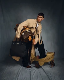 Model in trench coat carrying monogram duffels and black handbag beside toy airplane against grey backdrop