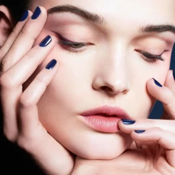 Close-up beauty portrait of model Lulu Tenney with dark blue nail polish and winged eyeliner for Chanel Holiday 2025.
