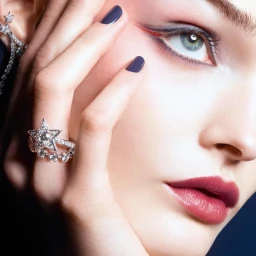 Close-up portrait of model Lulu Tenney wearing star-shaped diamond ring and earrings for Chanel Holiday 2025 by photographer Karim Sadli
