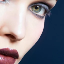 Close-up portrait of model Lulu Tenney wearing shimmering grey eyeshadow and dark lipstick for Chanel Holiday 2025 campaign.