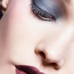 Close-up portrait of model Lulu Tenney wearing shimmering blue eyeshadow and dark plum lipstick for Chanel Holiday 2025.