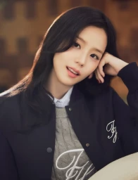 Jisoo posing for Tommy Hilfiger wearing a dark jacket over a grey sweater and striped shirt against an indoor background.