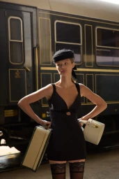 Model Kris Grikaite in a black dress holding luggage standing before a train for For Love & Lemons Winter 2025 by Camilla Akrans.