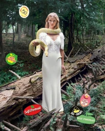 Model Apple Martin holding a large yellow python snake in a forest setting for Self-Portrait Fall-Winter 2025 campaign.