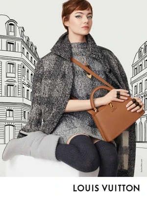 Emma Stone in a grey textured coat holding a brown leather handbag against an illustrated architectural background.