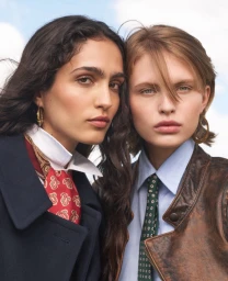 Close-up portrait of two female models in tailored clothing against an open sky background.