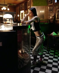 Amelia Gray leaning on a glass counter inside a dim restaurant with checkered flooring for Puma Mostro.