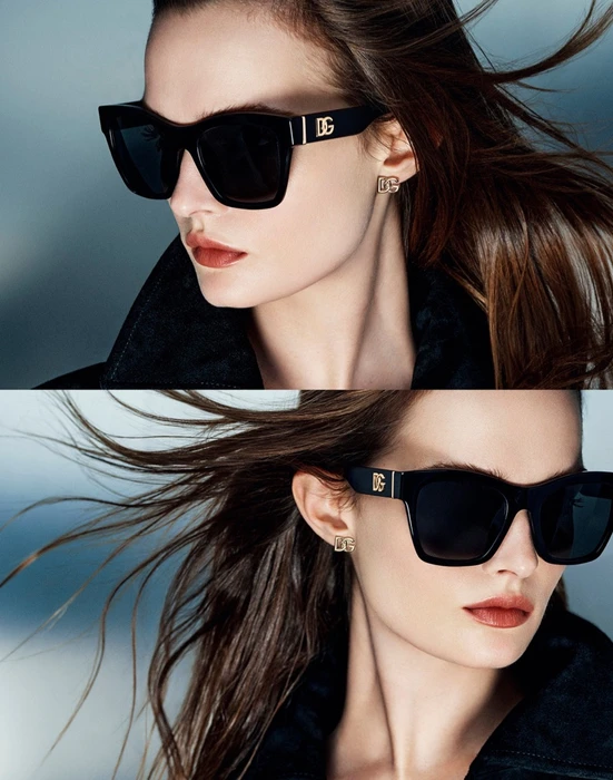 Model Lulu Tenney wearing oversized black Dolce & Gabbana sunglasses in a dynamic fashion portrait photographed by Gordon Von Steiner.