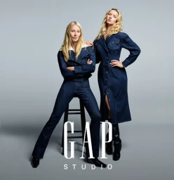 Gwyneth Paltrow and Apple Martin in denim outfits posing against a grey studio backdrop for Gap Studio Fall-Winter 2025 Campaign