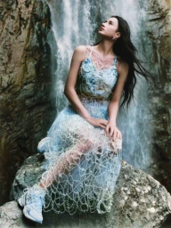 Woman in a blue beaded sheer dress and sneakers seated on a rock before a rushing waterfall