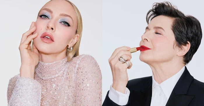 Amanda Seyfried and Isabella Rossellini for Lancome 90th Anniversary Campaign against a white background