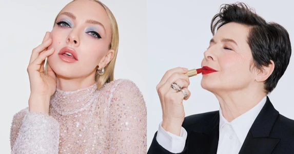 Amanda Seyfried and Isabella Rossellini for Lancome 90th Anniversary Campaign against a white background
