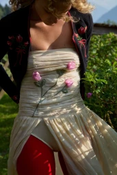 Model Dorit Revelis wearing a cream dress with pink floral appliqués and a black cardigan outdoors.