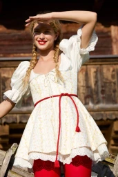Model Dorit Revelis in a white floral dress with braided blonde hair shading her eyes against a wooden building exterior