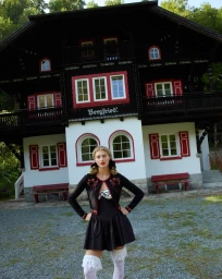 Model Dorit Revelis standing outside a dark wooden chalet for the For Love & Lemons Fall 2025 campaign, shot by Camilla Akrans.