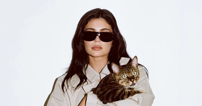 Kylie Jenner wearing black sunglasses and a beige jacket holding a striped cat against a white background