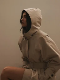 Kylie Jenner wearing a beige hooded belted trench coat against a neutral studio backdrop for the Khy x HYDRA capsule collection.