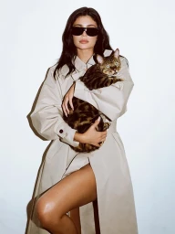 Kylie Jenner wearing sunglasses and a beige coat holding a spotted cat against a white background