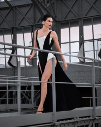 Kendall Jenner standing on a metal framework wearing a black and white high-slit dress for L'Oreal Paris