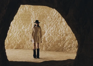 Model wearing a light dress, dark hat, and tall black boots framed within a dark rocky cave opening.