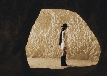 Model wearing a white dress, black hat, and black boots standing inside a cave opening framing the scene