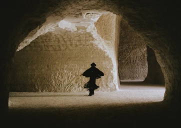 Model in black fringe cape and hat walking through a sandstone cave carved with arched openings.