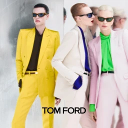Models in colourful tailored suits and sunglasses for the Tom Ford Fall-Winter 2025 campaign photographed by Mark Kean.