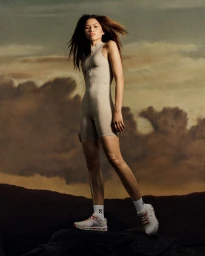 Zendaya standing on a rocky outcrop wearing a grey athletic jumpsuit and sneakers against a painted cloud background